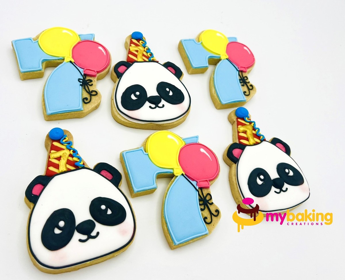 Custom hand-piped panda themed cookies Bay Area bakery